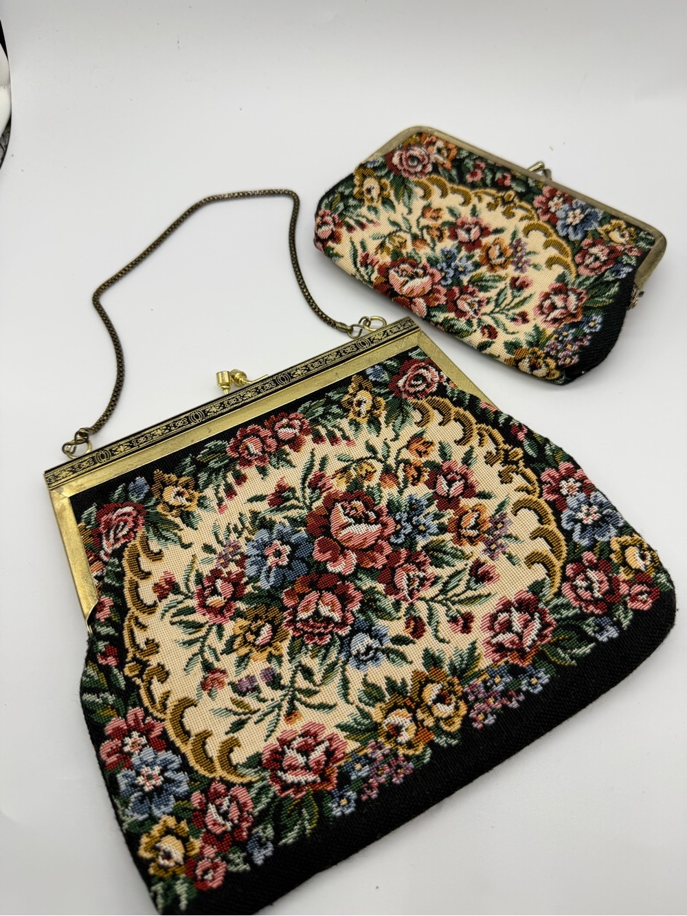 Vintage Victorian Floral Tapestry Kisslock Purse Set